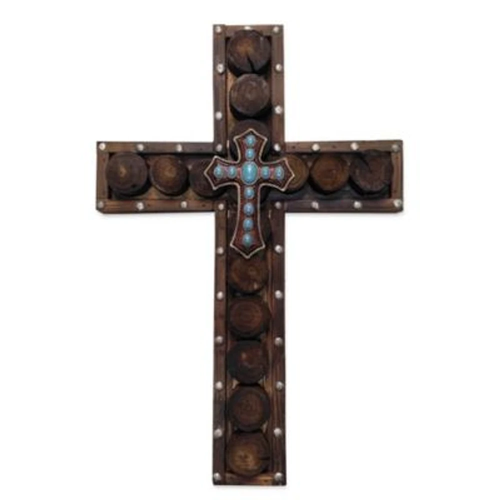 Studded Wood & Turquoise Cross Wall Décor