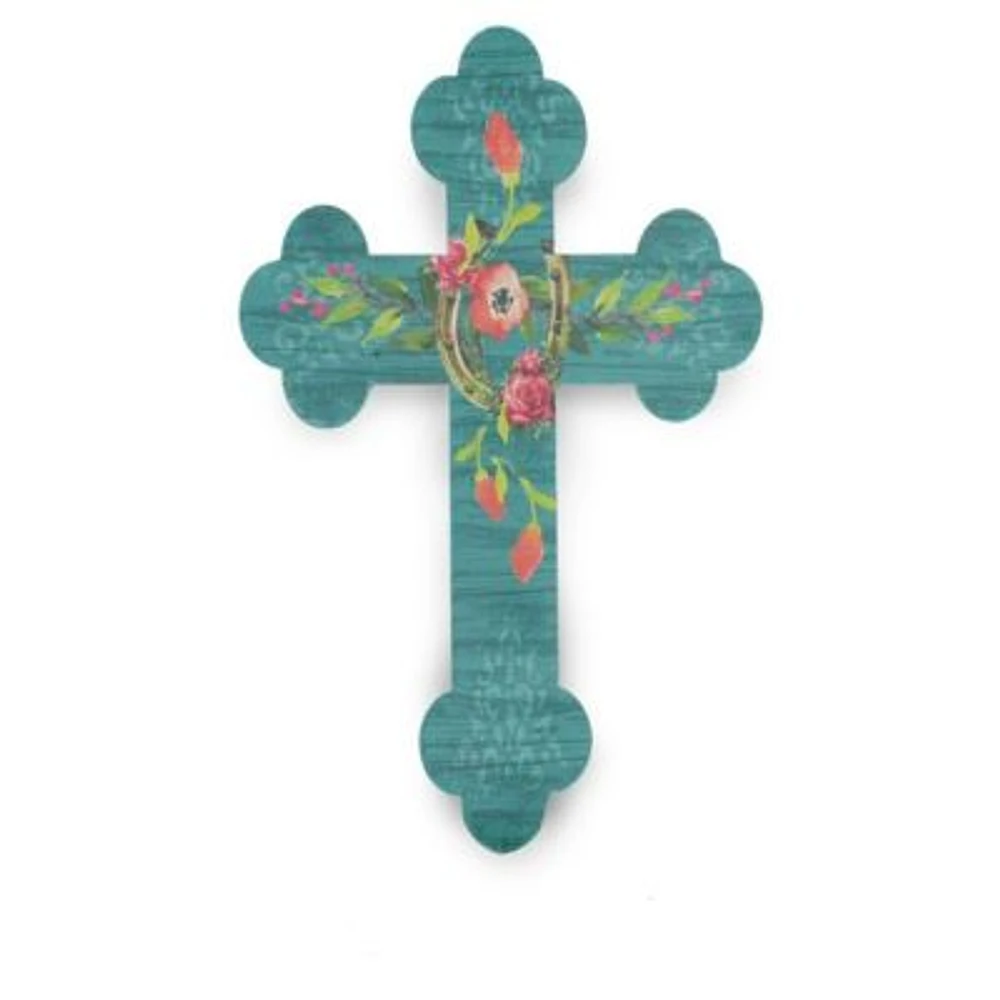 Turquoise Floral Horseshoe Cross Wall Décor