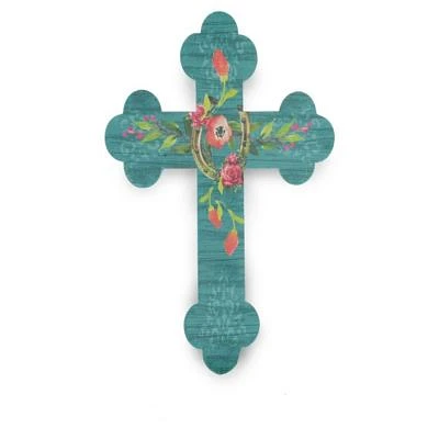 Turquoise Floral Horseshoe Cross Wall Décor