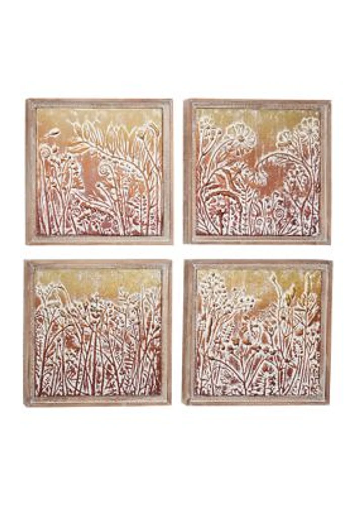 Gold & Copper Embossed Metal Wall Décor with Floral and Botanical Designs in Square Wood Frames