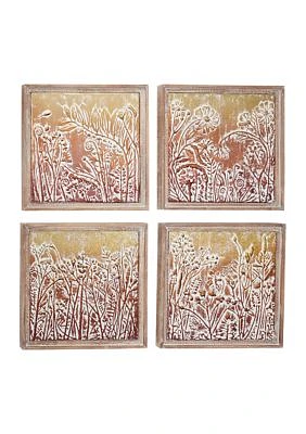 Gold & Copper Embossed Metal Wall Décor with Floral and Botanical Designs in Square Wood Frames