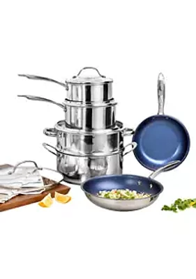 Granitestone 10-Piece Stainless Steel Tri-Ply Base Blue Nonstick Diaond Infused Coating Cookware Set