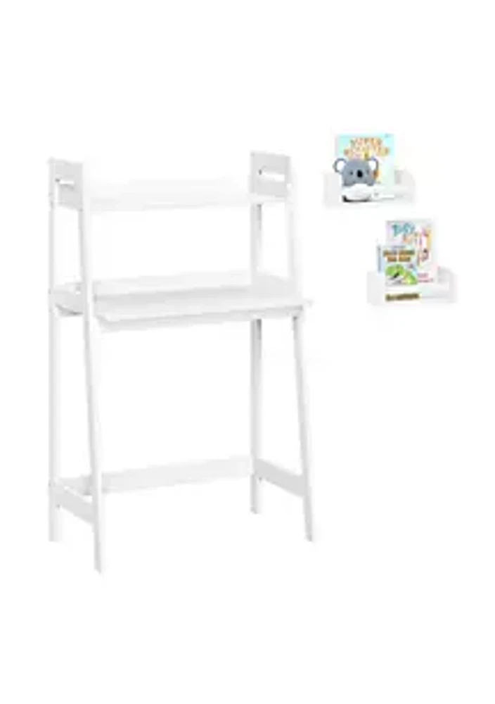 RiverRidge Home Kids Desk with Ladder Shelf Storage and 2 Bonus 10" Floating Bookshelves - White