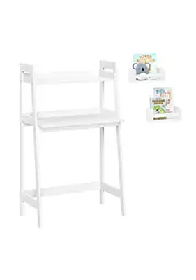 RiverRidge Home Kids Desk with Ladder Shelf Storage and 2 Bonus 10" Floating Bookshelves - White