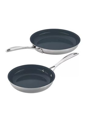 Set of 2 Stainless Steel Ceramic Non Stick Frying Pans