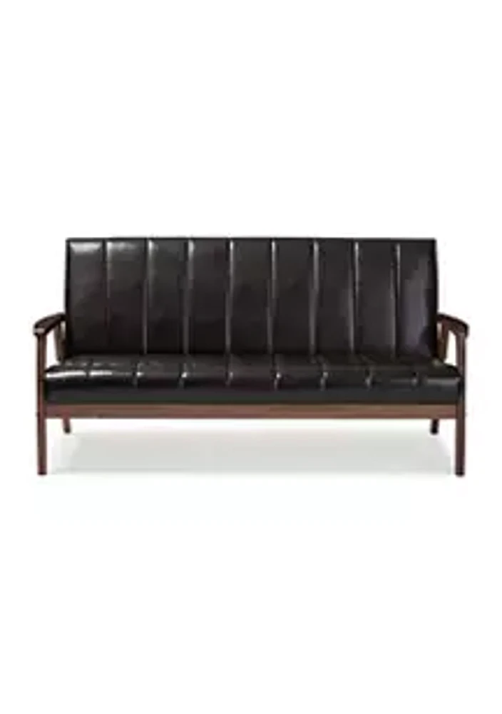 Baxton Studio Nikko Mid-century Modern Scandinavian Style Dark Brown Faux Leather Wooden 3-Seater Sofa