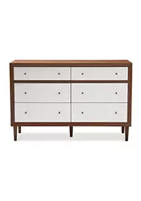 Baxton Studio Harlow Mid-Century Modern Scandinavian Style White and Walnut Wood 6-Drawer Storage Dresser