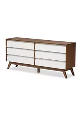 Baxton Studio Hildon Mid-Century Modern White and Walnut Wood 6-Drawer Storage Dresser