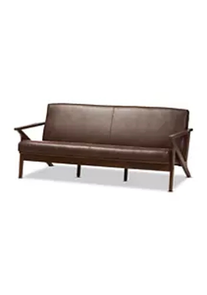 Baxton Studio Bianca Mid-Century Modern Walnut Wood Dark Brown Distressed Faux Leather Effect 3-Seater Sofa