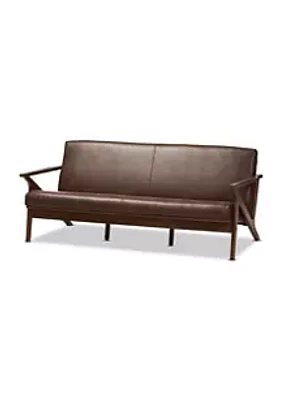 Baxton Studio Bianca Mid-Century Modern Walnut Wood Dark Brown Distressed Faux Leather Effect 3-Seater Sofa