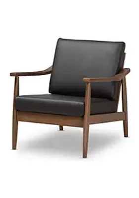 Baxton Studio Venza Mid-Century Modern Walnut Wood Black Faux Leather Lounge Chair