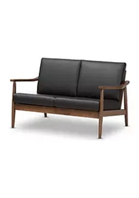 Baxton Studio Venza Mid-Century Modern Walnut Wood Black Faux Leather 2-Seater Loveseat