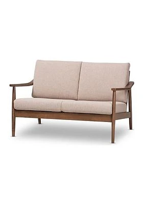 Venza Mid-Century Modern Walnut Wood Light Brown Fabric Upholstered 2-Seater Loveseat