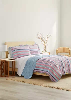 3 Piece Scallop Trim Pink Stripe Quilt Set