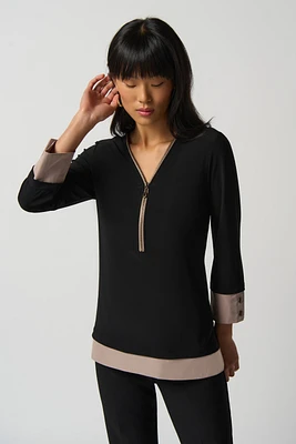 3/4 Sleeve Top With Zipper Neckline