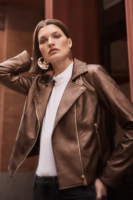 Radiant Metallic Hue Faux Leather Biker Jacket