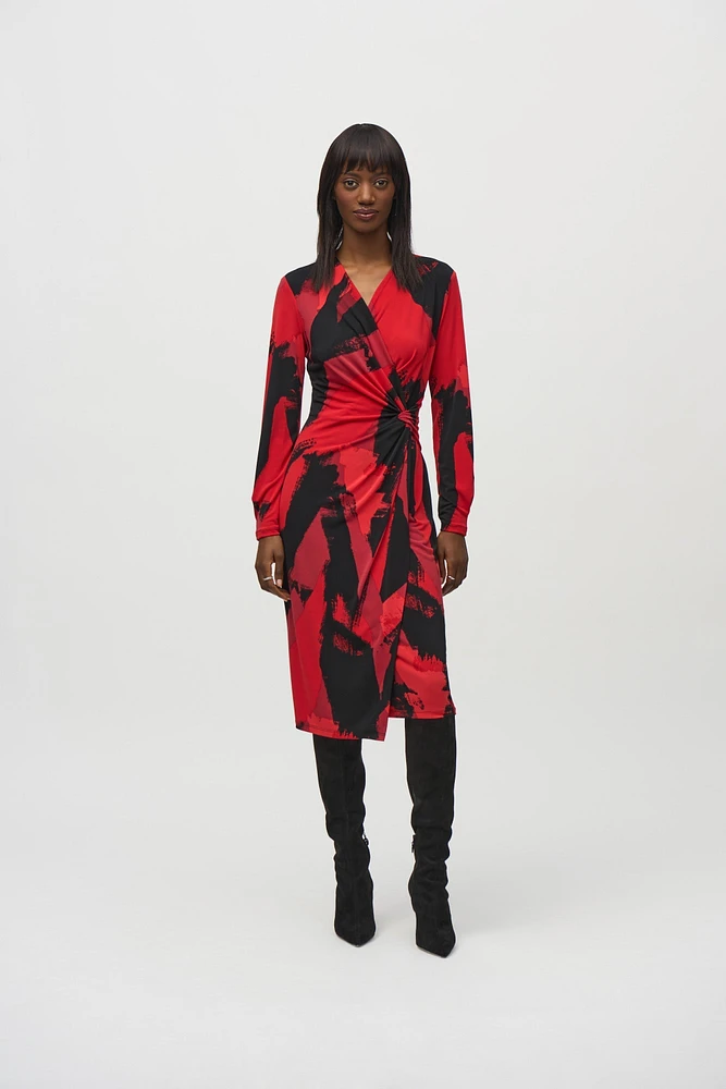 Elegant Silky Knit Abstract Print Wrap Dress