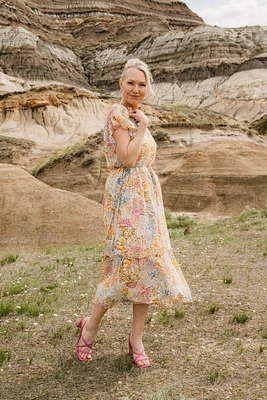 Short Sleeve Yellow Floral Midi Dress