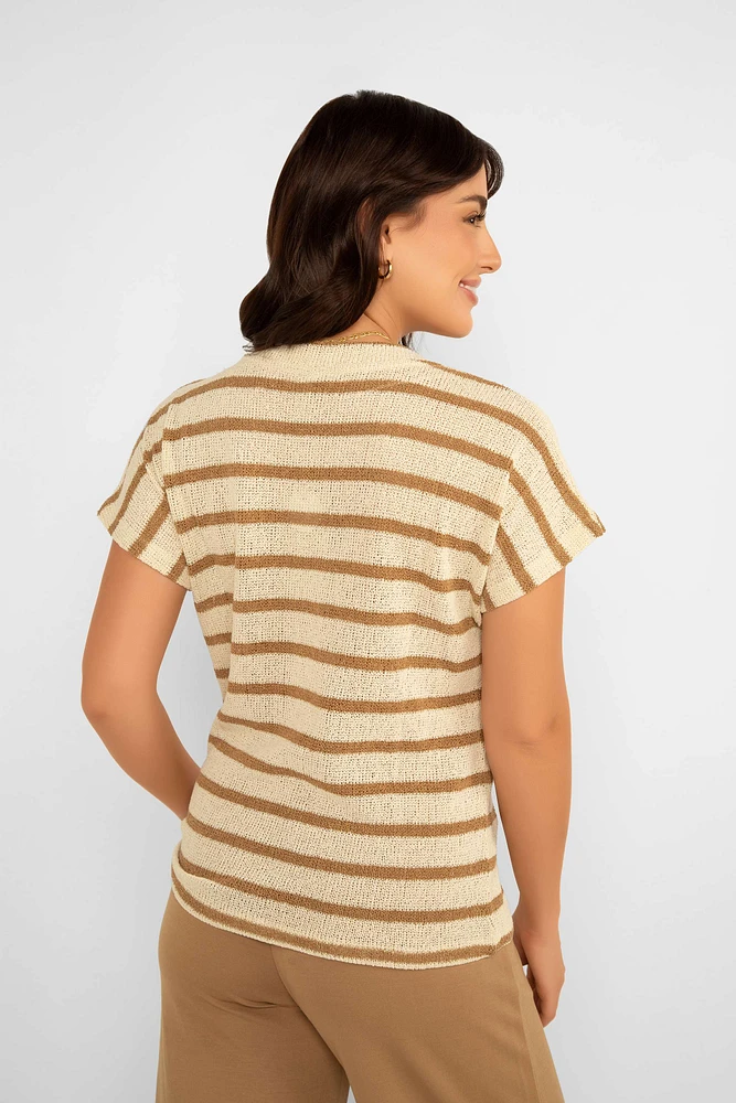 Short Sleeve V-Neck Stripe Sweater