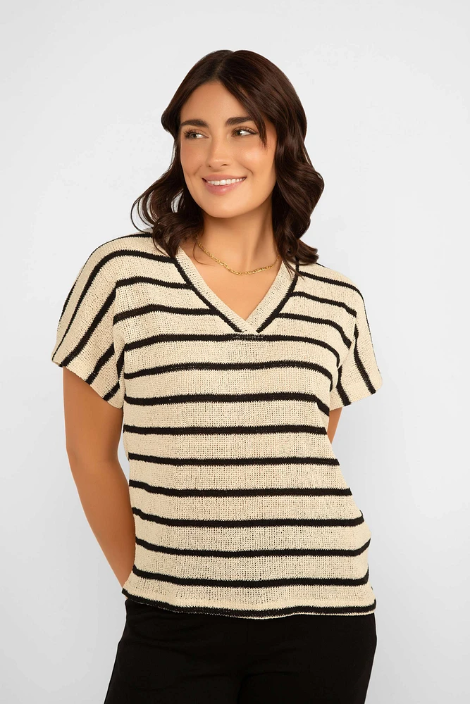 Short Sleeve V-Neck Stripe Sweater