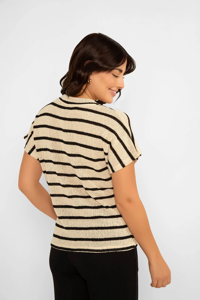 Short Sleeve V-Neck Stripe Sweater