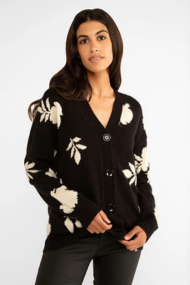 Foliage and Flower Motif Long Sleeve Cardigan