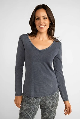 Long Sleeve V-Neck Top with Woven Trim Detail