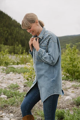 Long Sleeve Beaded Denim Shirt