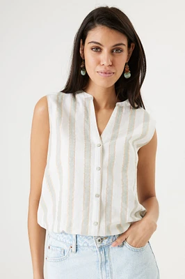 Sleeveless Button Up Stripe Blouse With Lurex