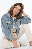 Cropped Blue Jean Jacket With Embroidery