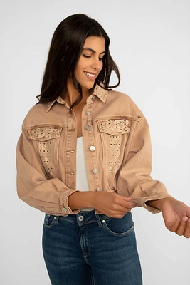 Cropped Dark Sand Jean Jacket With Embroidery