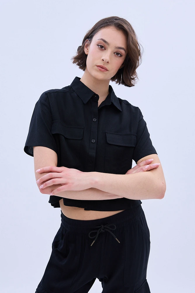 Linen-Blend Cropped Short Sleeve Shirt