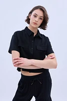 Linen-Blend Cropped Short Sleeve Shirt