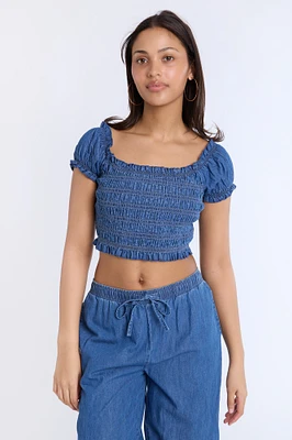 Chambray Smocked Off-Shoulder Cropped Top