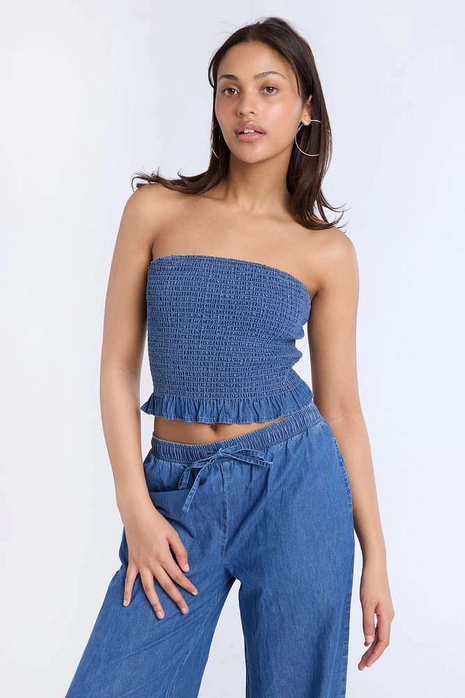 Chambray Smocked Strapless Top