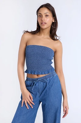 Haut bustier smocké en chambray