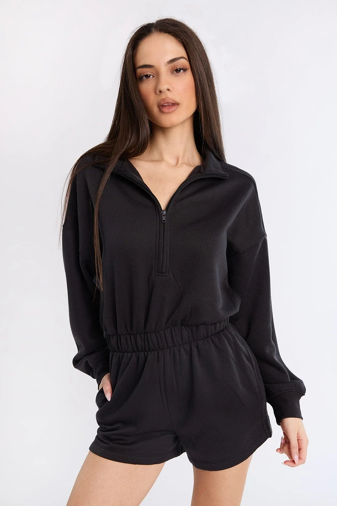 Zip-Up Fleece Long Sleeve Mock Neck Romper