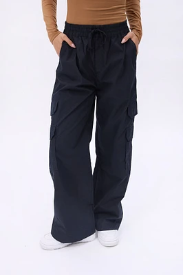 High Rise Wide Leg Cargo Twill Pants