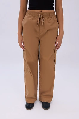 High Rise Wide Leg Cargo Twill Pants