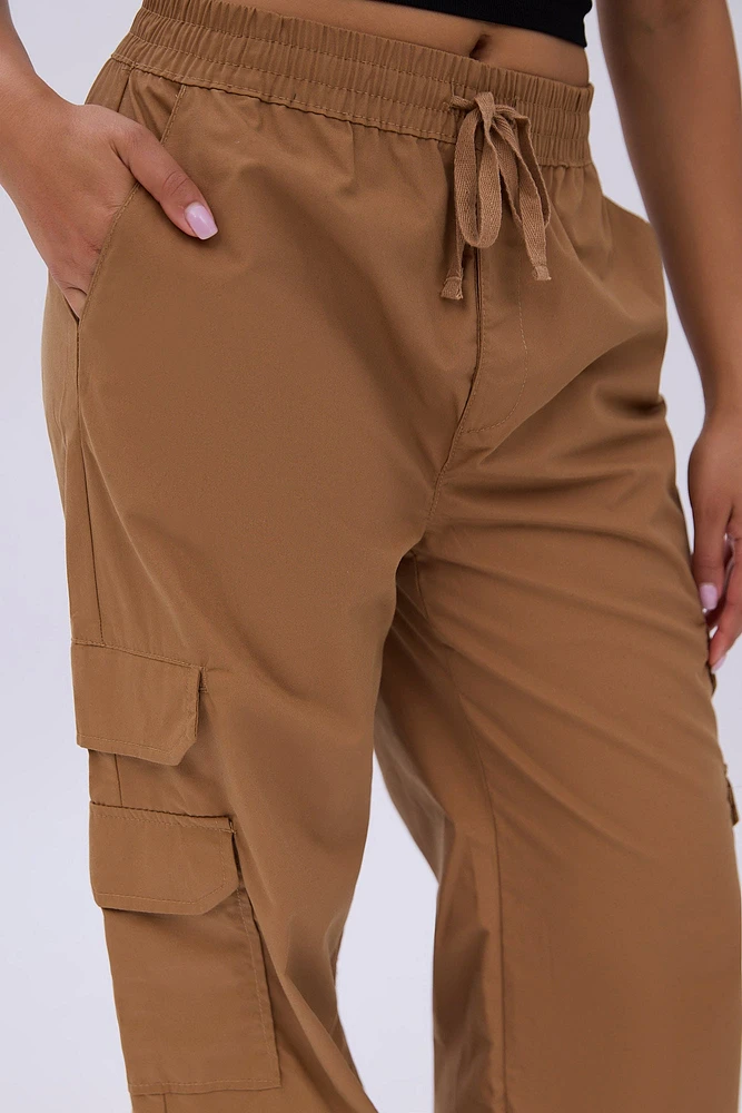 High Rise Wide Leg Cargo Twill Pants