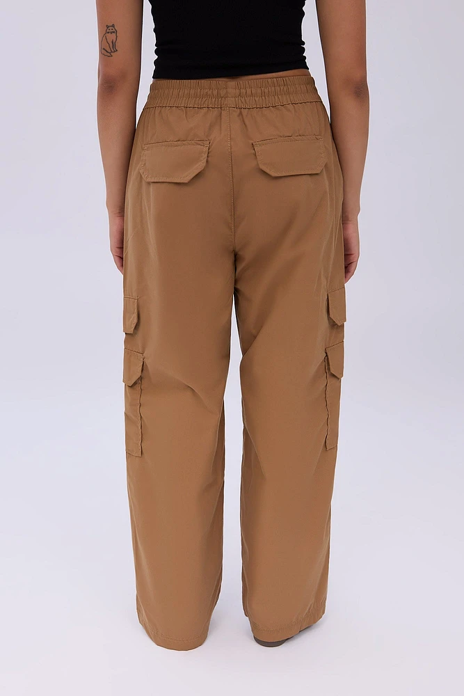 High Rise Wide Leg Cargo Twill Pants