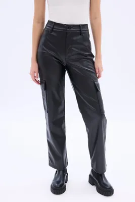 High Rise Faux Leather Cargo Straight Pant