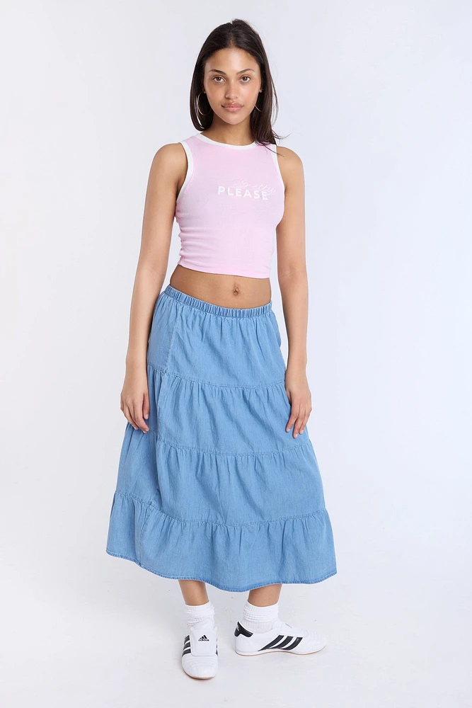 Chambray Tiered Maxi Skirt