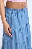 Chambray Tiered Maxi Skirt