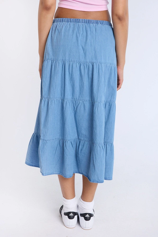 Chambray Tiered Maxi Skirt