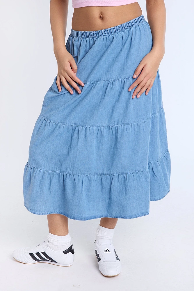 Chambray Tiered Maxi Skirt