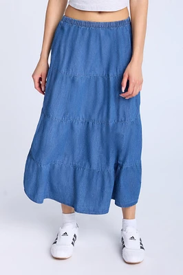 Jupe maxi étagée en chambray