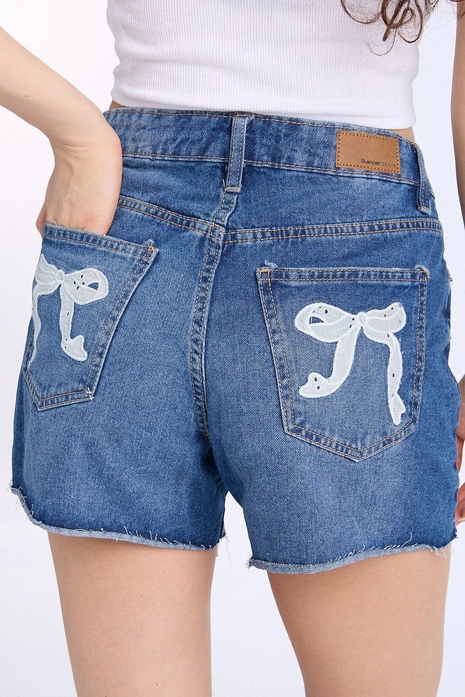 Low Rise Bow Embroidered Baggy Shorts