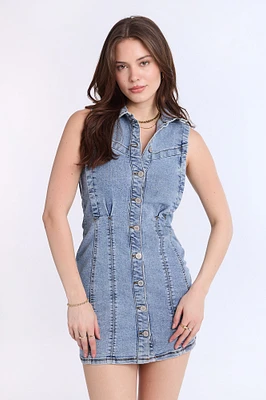 Collared Button-Front Denim Mini Dress