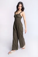 Linen-Blend Smocked Jumpsuit